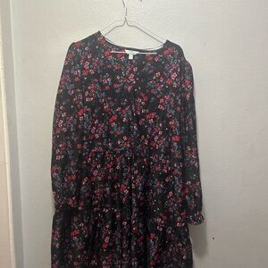 Floral Long Sleeve Black Dress XXL